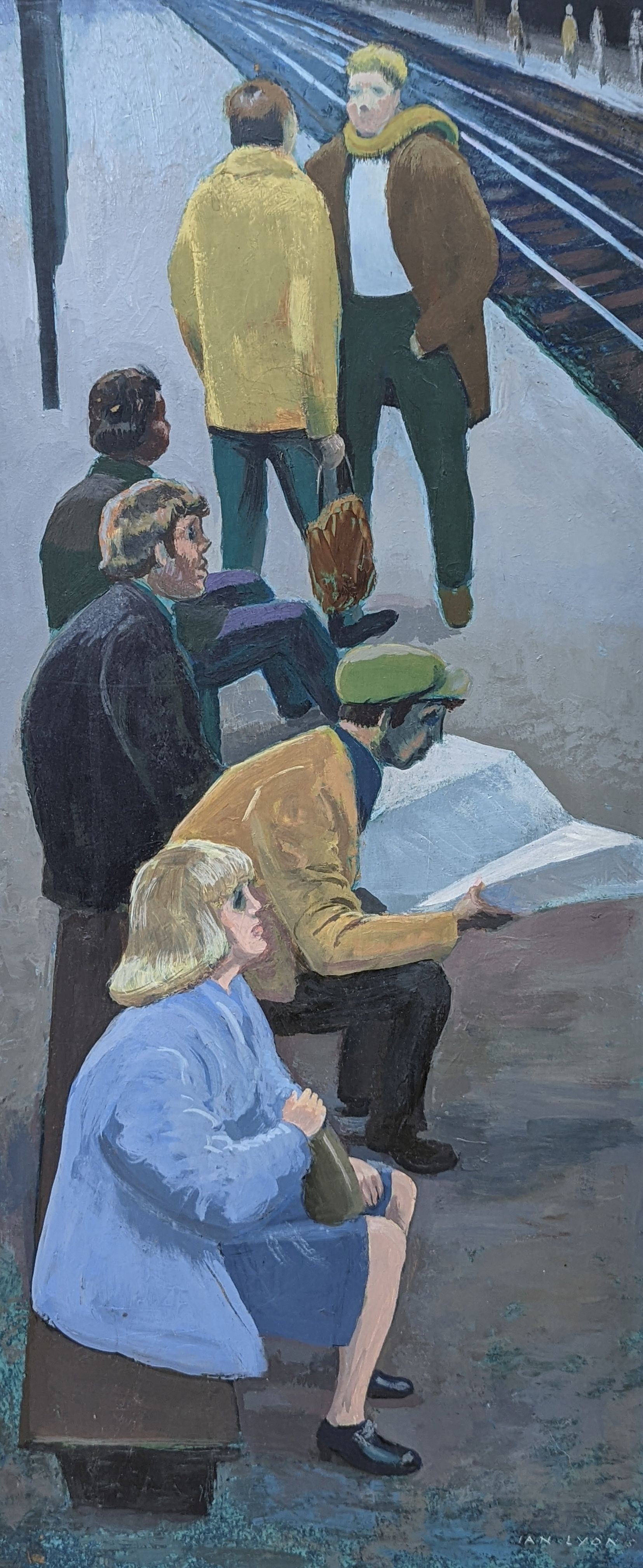 Ian Lyons, oil on board, Figures waiting for a train, signed, 76cm x 33cm